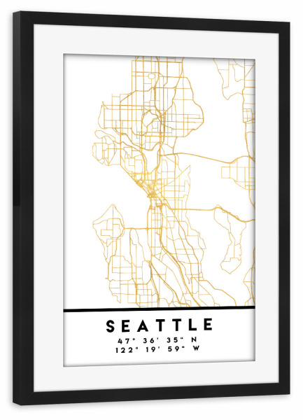 Poster mit Rahmen schwarz "SEATTLE WASHINGTON CITY MAP ART" artboxONE - Städte,Reise,Kartografie