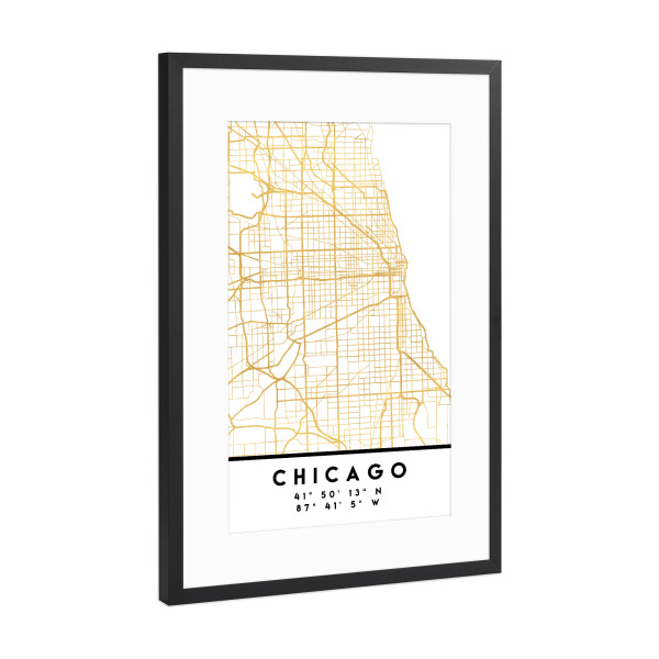 Poster mit Rahmen Schwarz (Metallic) "CHICAGO ILLINOIS CITY MAP ART" artboxONE - Städte,Reise,Städte / Chicago