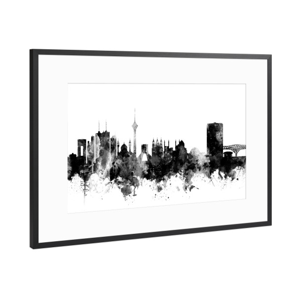 Poster mit Rahmen Schwarz (Metallic) "Tehran Iran Skyline" artboxONE - Städte,Reise,Schwarzweiß