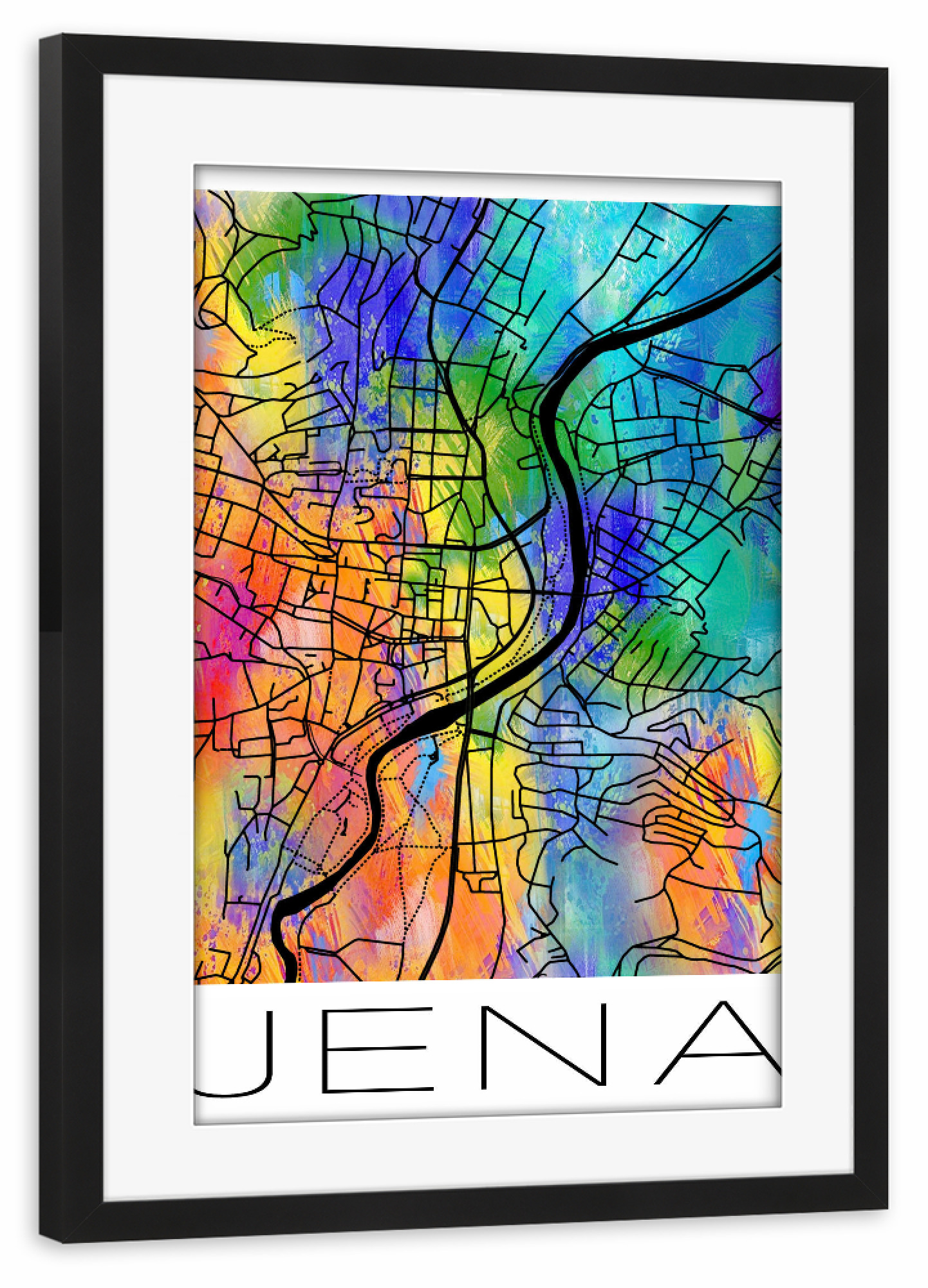Poster mit Rahmen schwarz "Retro Map of Jena Germany 3" artboxONE - Städte,Reise,Städte / Weitere - Retro,Map,Jena,Germany,Watercolor,Street map