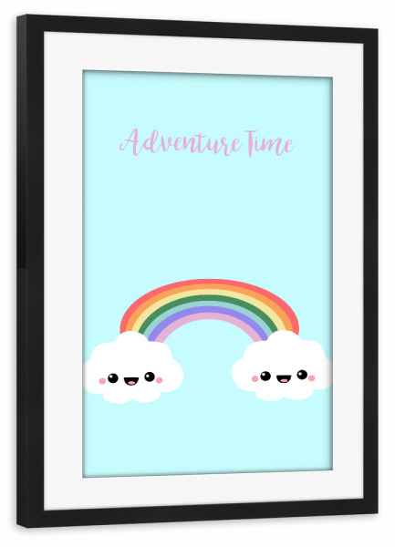 Poster mit Rahmen schwarz "In a land of cute" artboxONE - Typografie,Für Kinder - Wolke,Kawaii,Japan,Regenbogen,Einhorn,Helenaheil,Helena