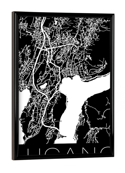 Poster mit schwarzem Rahmen "Retro map of Lugano Switzerland" artboxONE - Städte,Reise,Schwarzweiß,Städte / Weitere