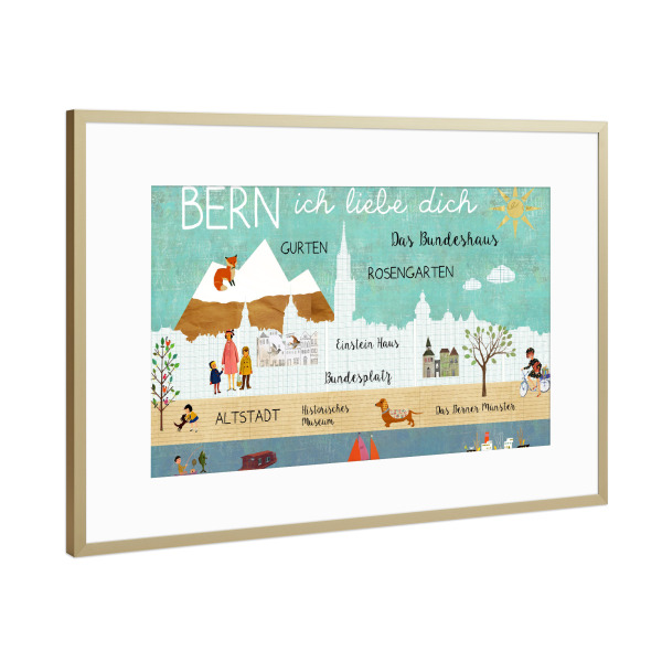 Poster mit Rahmen Gold "Bern ich liebe dich" artboxONE - Städte