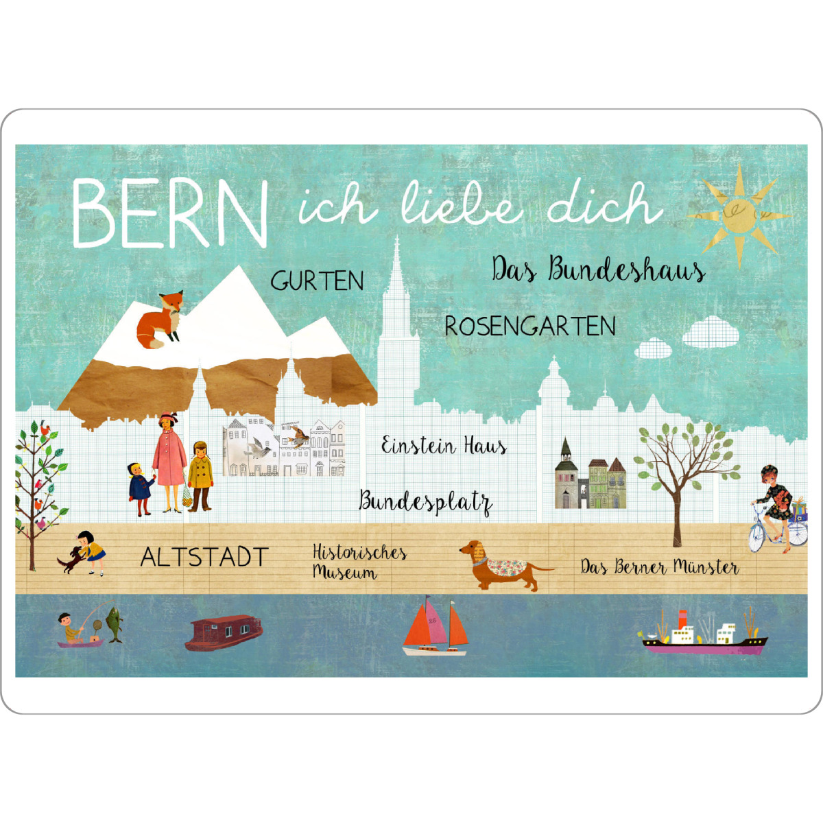 Tischset "Bern ich liebe dich" artboxONE - Städte - Bern,Schweiz,Türkis,Mint,Typografie,Vintage,Retro,Collage,Süß,Witzig,Stadt,Städteposter,Fuchs,Berg