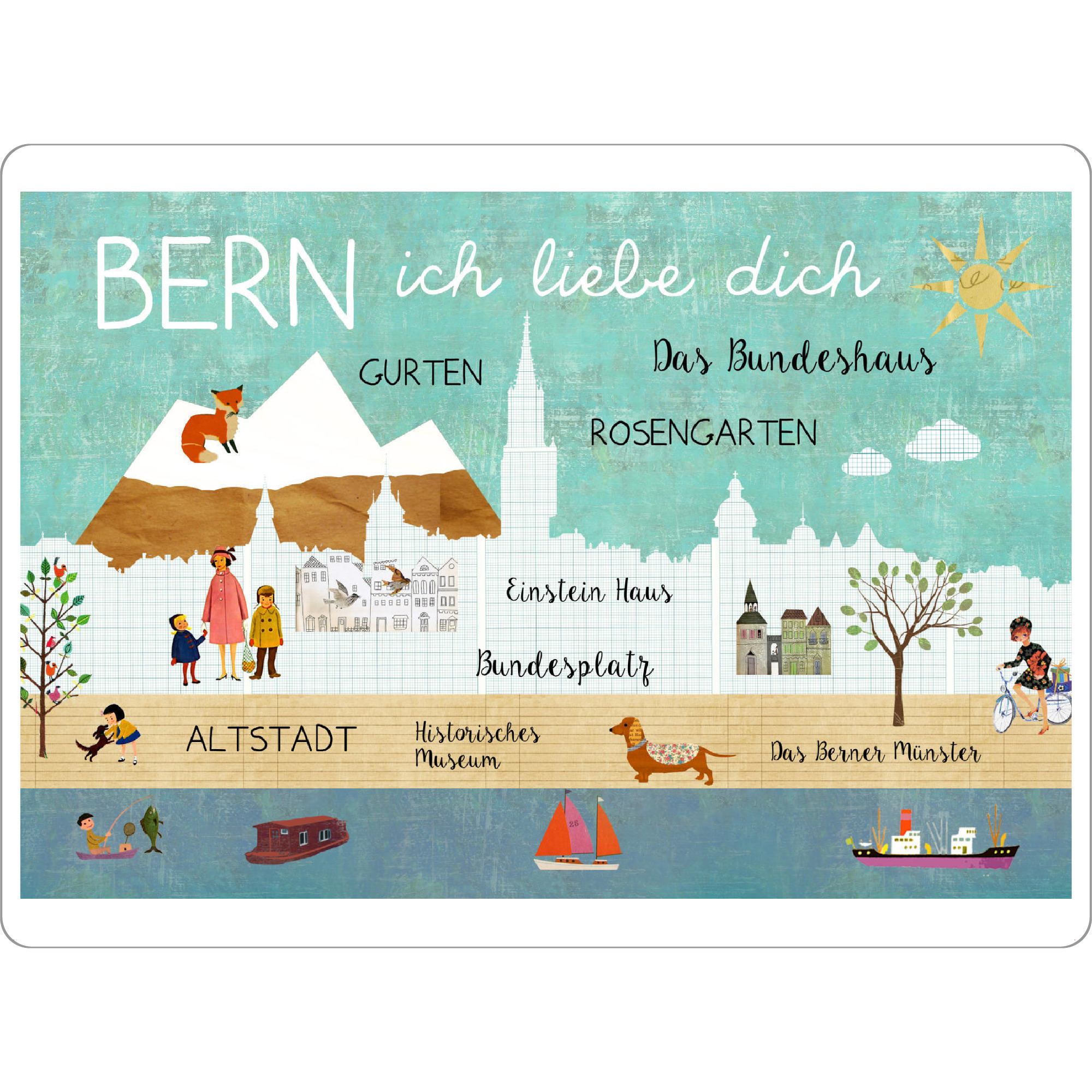 Tischset "Bern ich liebe dich" artboxONE - Städte - Bern,Schweiz,Türkis,Mint,Typografie,Vintage,Retro,Collage,Süß,Witzig,Stadt,Städteposter,Fuchs,Berg