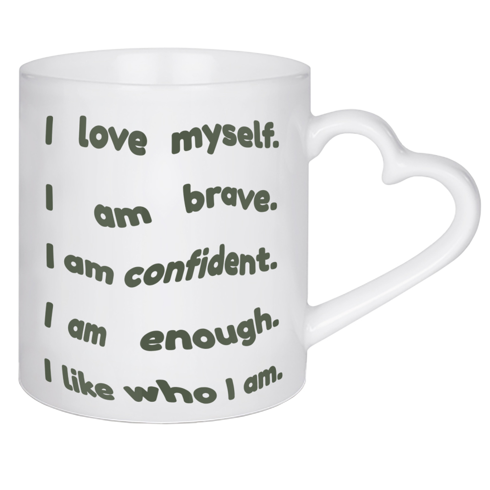 Herztasse "Who I am" artboxONE - Typografie,Menschen - Menschen,Typo,Typografie,Minimalismus,Motivation,Selbstliebe,Selbstvertrauen