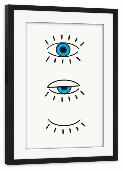 Poster mit Rahmen schwarz "Summer Evil Eyes" artboxONE - Abstrakt - Evil eye,Greece,Blue,White,Black,Summer,Draw,Illustration