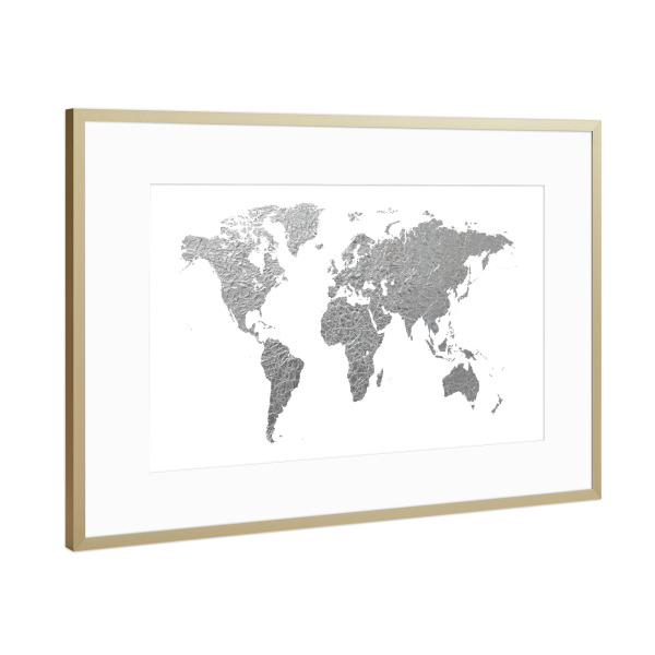 Poster mit Rahmen Gold "World Map Silver Foil" artboxONE - Reise,Schwarzweiß,Kartografie
