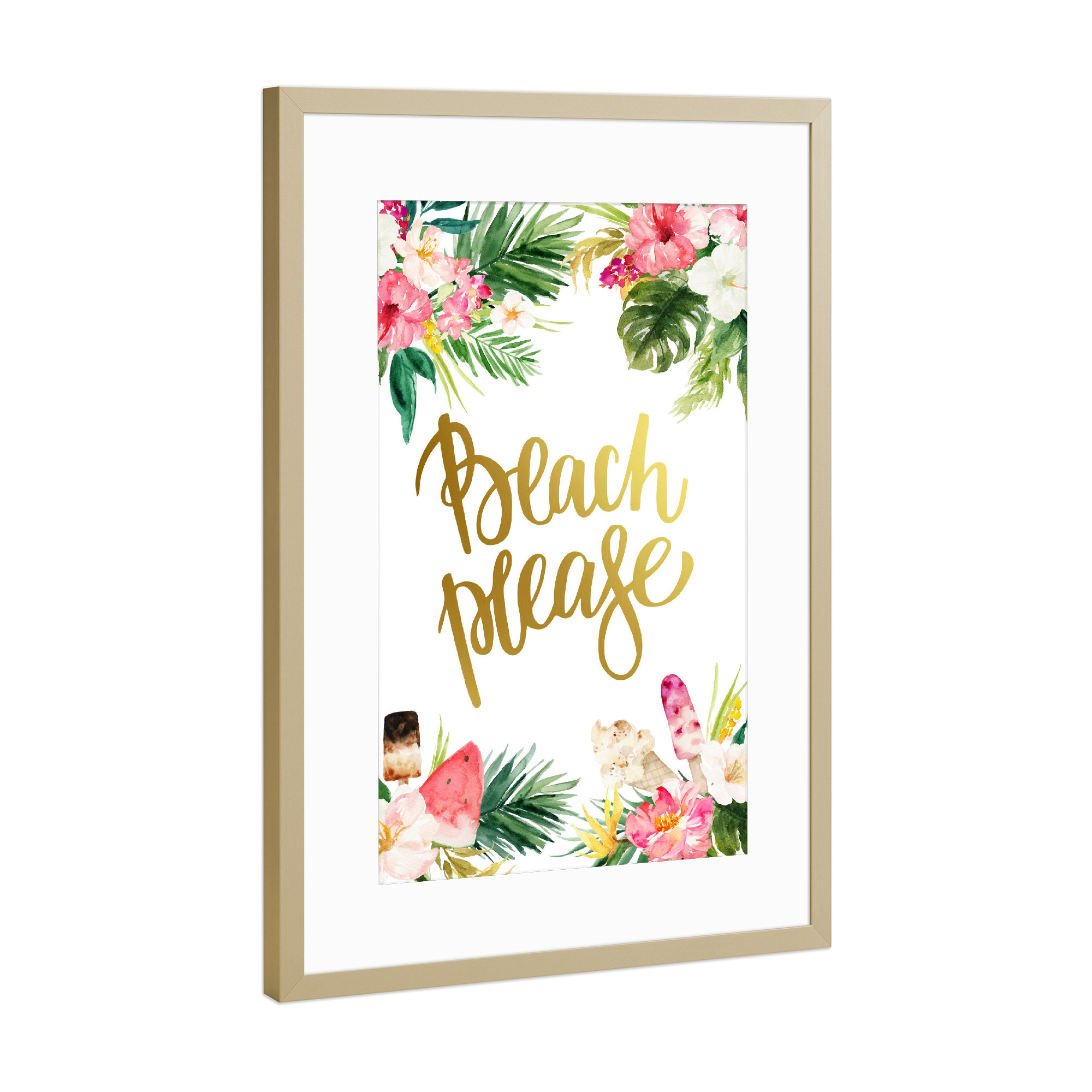 Poster mit Rahmen Gold "Beach Please" artboxONE - Typografie,Natur,Floral,Reise / Strand und Meer