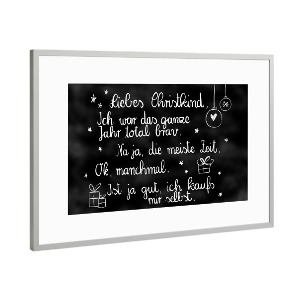Poster mit Rahmen Silber "Liebes Christkind" artboxONE - Typografie,Schwarzweiß,Weihnachten