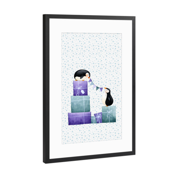 Poster mit Rahmen Schwarz (Metallic) "Penguins with Presents" artboxONE - Für Kinder,Tiere,Weihnachten