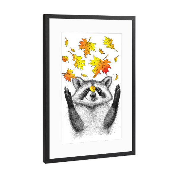 Poster mit Rahmen Schwarz (Metallic) "Autumn Raccoon" artboxONE - Natur,Für Kinder,Tiere,Schwarzweiß