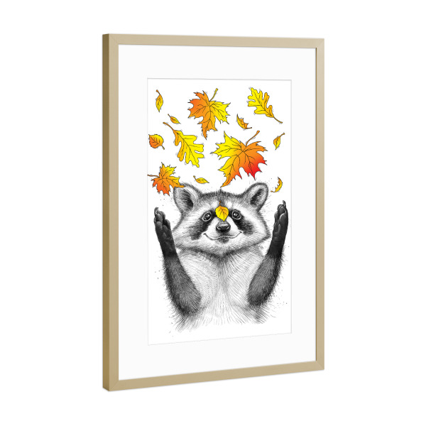 Poster mit Rahmen Gold "Autumn Raccoon" artboxONE - Natur,Für Kinder,Tiere,Schwarzweiß