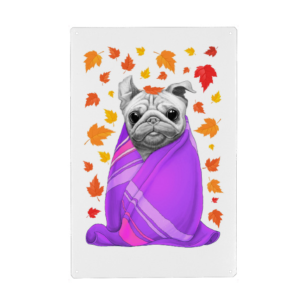 Metall Poster "Autumn Pug" artboxONE - Natur,Für Kinder,Tiere,Schwarzweiß - Pug,Hund,Tier,Natur,Herbst,Blätter,Kariert,Niedlich,Stimmung