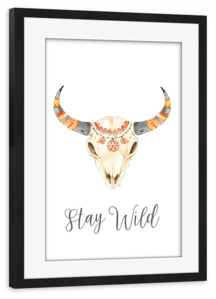 Poster mit Rahmen schwarz "Stay Wild Tribal Bull Skull" artboxONE - Typografie,Natur,Für Kinder,Tiere,Sport / Motivation
