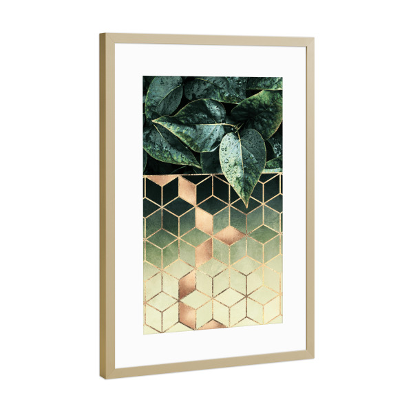 Poster mit Rahmen Gold "Leaves And Cubes 2" artboxONE - Natur,Abstrakt,Geometrie