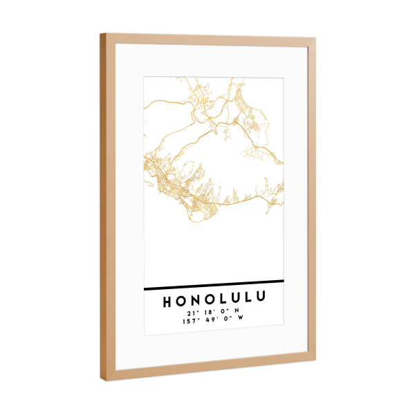 Poster mit Rahmen Kupfer "HONOLULU HAWAII STREET MAP ART" artboxONE - Städte,Reise,Kartografie