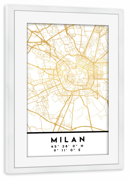 Poster mit Rahmen weiß "MILAN ITALY STREET MAP ART" artboxONE - Städte,Reise,Städte / Mailand,Kartografie