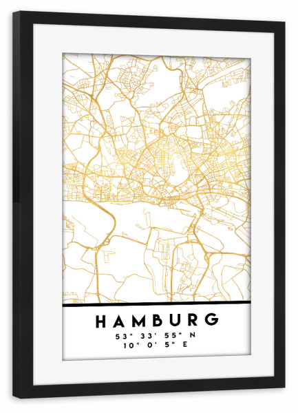 Poster mit Rahmen schwarz "HAMBURG GERMANY STREET MAP ART" artboxONE - Städte,Städte / Hamburg,Reise,Kartografie