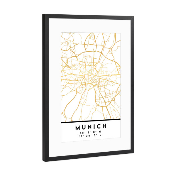 Poster mit Rahmen Schwarz (Metallic) "MUNICH GERMANY STREET MAP ART" artboxONE - Städte,Städte / München,Reise,Kartografie