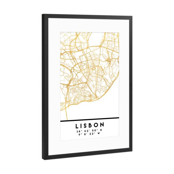 Poster mit Rahmen Schwarz (Metallic) "LISBON PORTUGAL STREET MAP ART" artboxONE - Städte,Reise,Kartografie