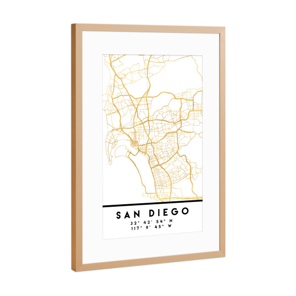 Poster mit Rahmen Kupfer "SAN DIEGO CALIFORNIA CITY MAP ART" artboxONE - Städte,Reise,Kartografie