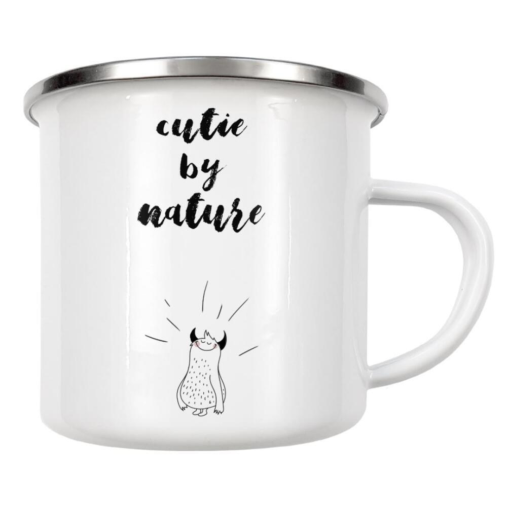 Emaille Tasse "Cutie By Nature" artboxONE - Typografie,Für Kinder,Comic,Schwarzweiß,Streetart - Niedlich,Monster,Süß,Typografie,Spruch,Tinte