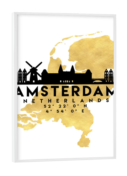 Poster mit weißem Rahmen "AMSTERDAM HOLLAND SKYLINE MAP ART" artboxONE - Städte,Reise,Städte / Amsterdam,Kartografie