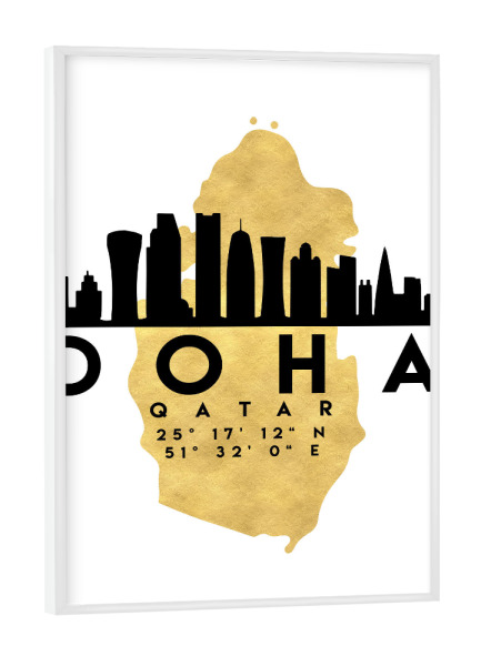 Poster mit weißem Rahmen "DOHA QATAR SKYLINE MAP ART" artboxONE - Städte,Reise,Kartografie