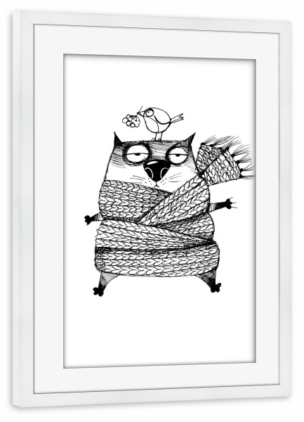 Poster mit Rahmen weiß "Cat in winter" artboxONE - Tiere,Schwarzweiß,Weihnachten
