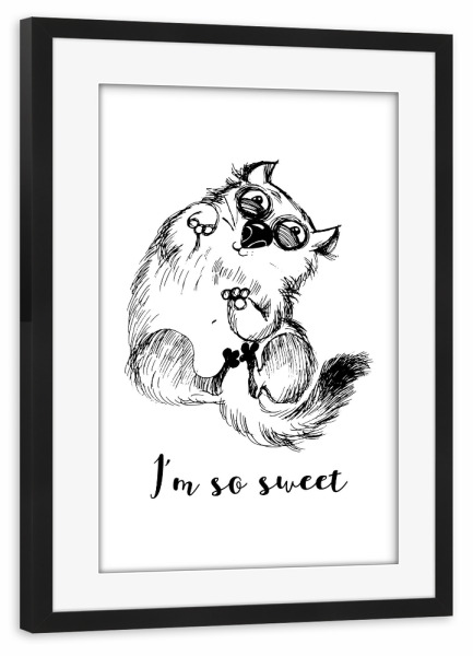 Poster mit Rahmen schwarz "I'm so sweet" artboxONE - Tiere,Schwarzweiß - Funny,Cat,Illustration,Katze,Cat content,Katzenliebe,Verrückt,Faul