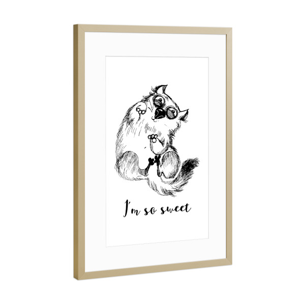 Poster mit Rahmen Gold "I'm so sweet" artboxONE - Tiere,Schwarzweiß - Funny,Cat,Illustration,Katze,Cat content,Katzenliebe,Verrückt,Faul