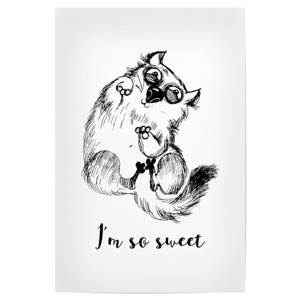 Poster 30x20 cm "I'm so sweet" artboxONE - Tiere,Schwarzweiß - Funny,Cat,Illustration,Katze,Cat content,Katzenliebe,Verrückt,Faul