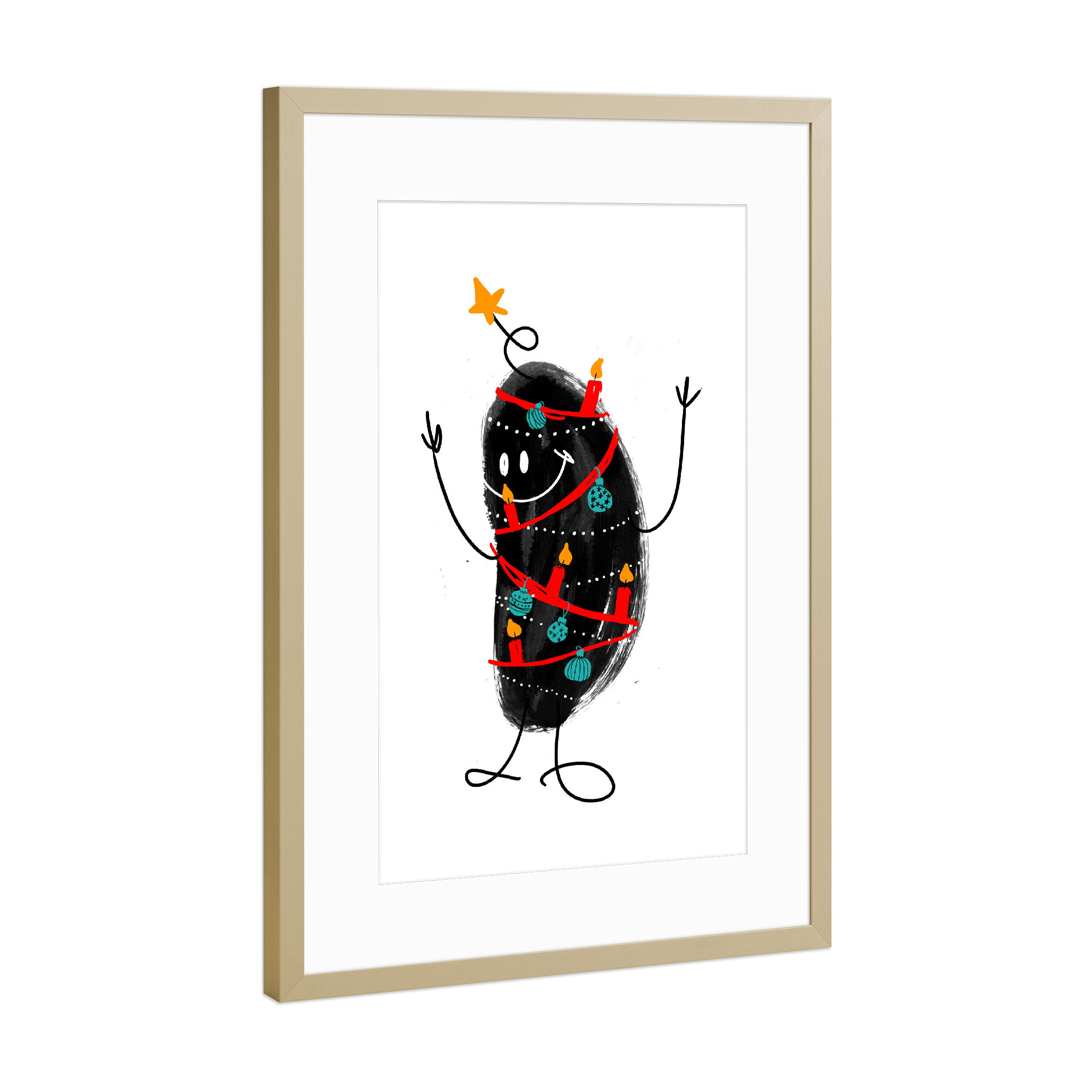 Poster mit Rahmen Gold "Mr. X & The Tree" artboxONE - Für Kinder,Schwarzweiß,Weihnachten - Weihnachtsbaum,Lichter,Stern,Schmuck,Vorfreude