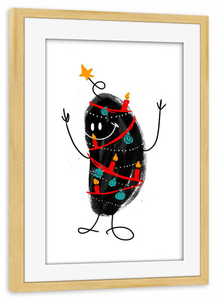 Poster mit Rahmen kiefer "Mr. X & The Tree" artboxONE - Für Kinder,Schwarzweiß,Weihnachten - Weihnachtsbaum,Lichter,Stern,Schmuck,Vorfreude