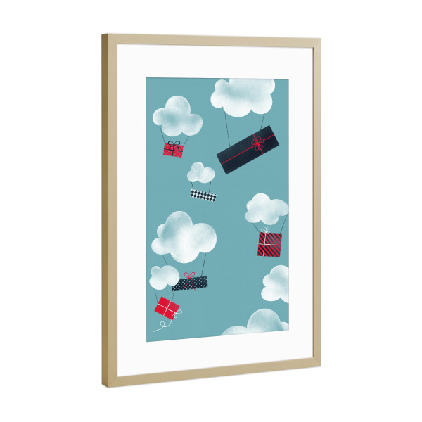 Poster mit Rahmen Gold "Geschenke! Geschenke!" artboxONE - Weihnachten - Himmel,Geschenke,Wolken,Weihnachten,Geburtstag