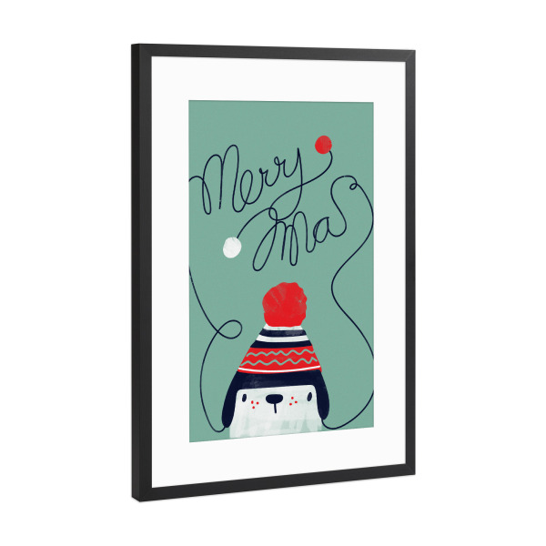 Poster mit Rahmen Schwarz (Metallic) "Warme Weihnachten" artboxONE - Für Kinder,Weihnachten - Hund,Weihnachten,Mütze,Schriftzug