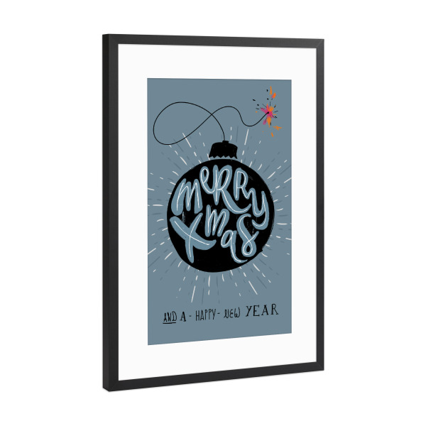 Poster mit Rahmen Schwarz (Metallic) "Explosive Weihnachten" artboxONE - Weihnachten - Weihnachten,Weihnachtsbaumkugel,Bombe,Zündschnur,Lunte