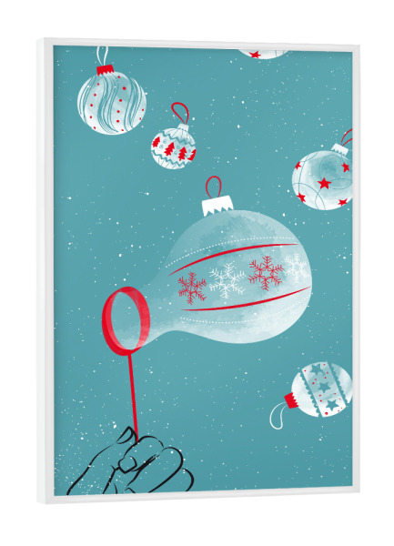 Poster mit weißem Rahmen "X-Mas Balls" artboxONE - Weihnachten - Weihnachten,Seifenblasen,Weihnachtskugel,Christbaumkugel,Schnee,Hand,Pusten,Winter