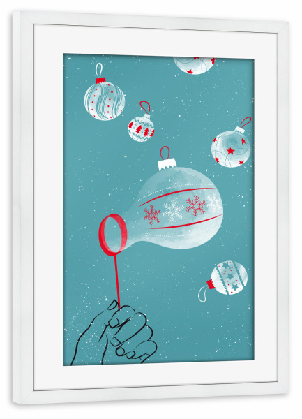 Poster mit Rahmen weiß "X-Mas Balls" artboxONE - Weihnachten - Weihnachten,Seifenblasen,Weihnachtskugel,Christbaumkugel,Schnee,Hand,Pusten,Winter