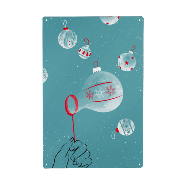 Holzbild "X-Mas Balls" artboxONE - Weihnachten - Weihnachten,Seifenblasen,Weihnachtskugel,Christbaumkugel,Schnee,Hand,Pusten,Winter