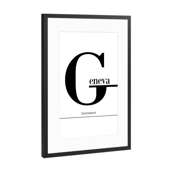 Poster mit Rahmen Schwarz (Metallic) "Genf 16" artboxONE - Städte,Typografie,Reise,Schwarzweiß,Reise / Länder,Städte / Weitere