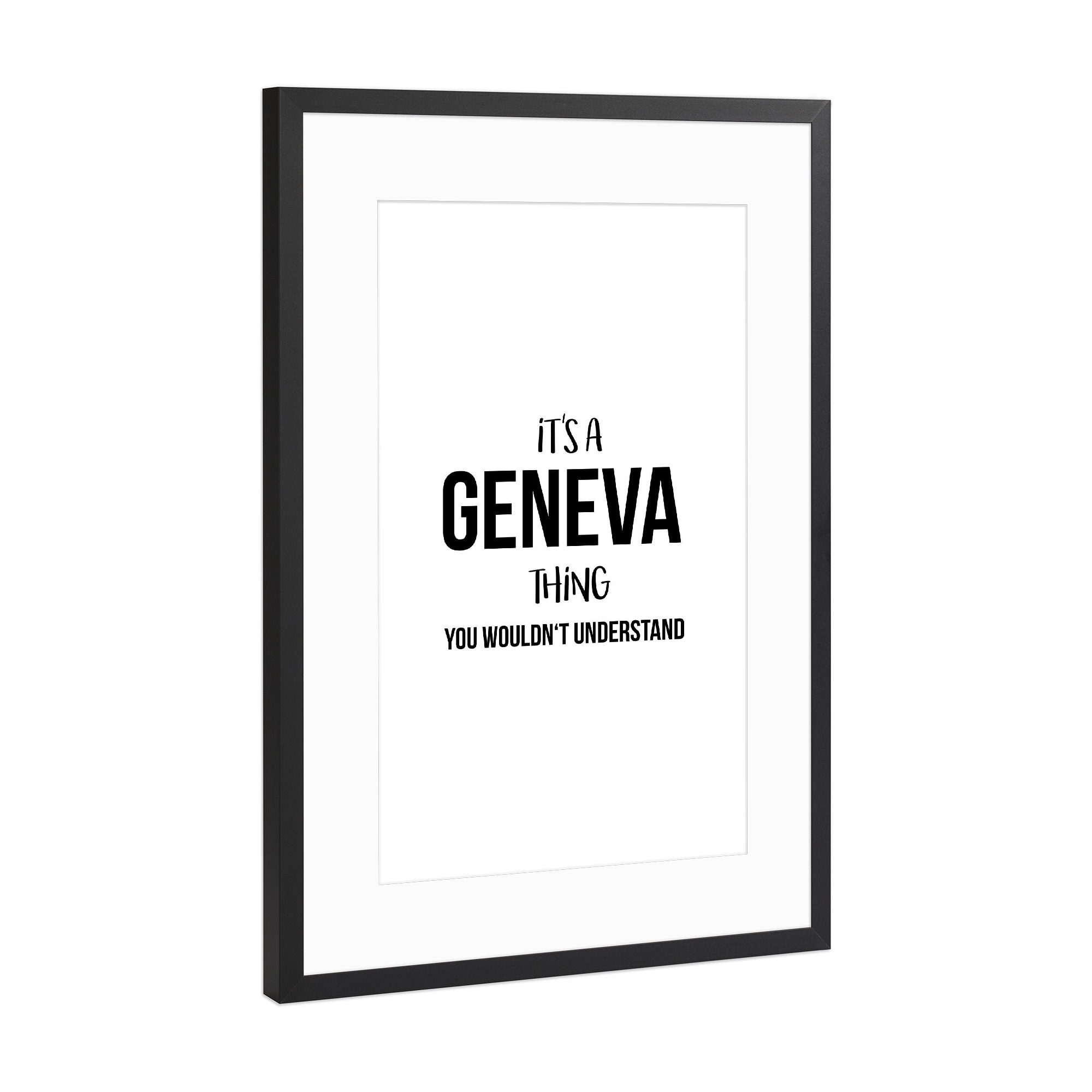 Poster mit Rahmen Schwarz (Metallic) "Genf 15" artboxONE - Städte,Typografie,Reise,Schwarzweiß,Reise / Länder,Städte / Weitere