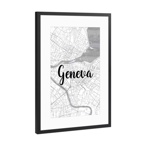 Poster mit Rahmen Schwarz (Metallic) "Genf 10" artboxONE - Städte,Typografie,Reise,Reise / Länder,Städte / Weitere,Kartografie