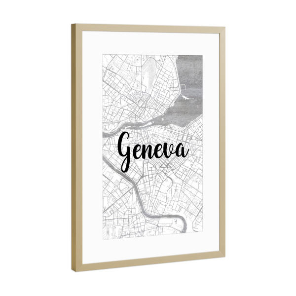 Poster mit Rahmen Gold "Genf 10" artboxONE - Städte,Typografie,Reise,Reise / Länder,Städte / Weitere,Kartografie