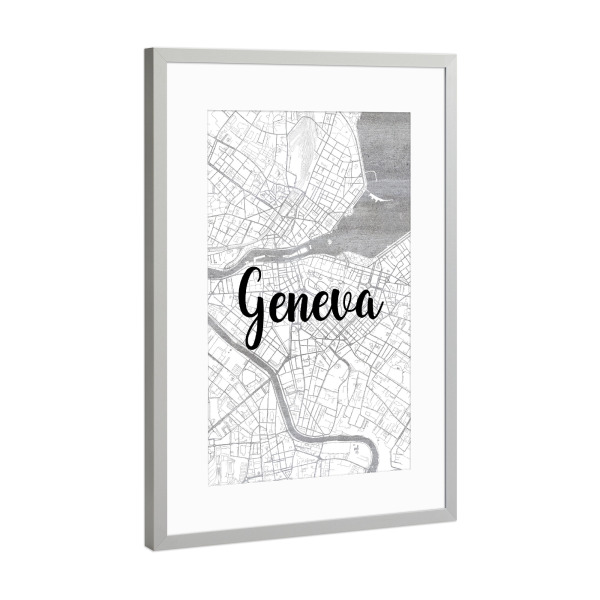Poster mit Rahmen Silber "Genf 10" artboxONE - Städte,Typografie,Reise,Reise / Länder,Städte / Weitere,Kartografie