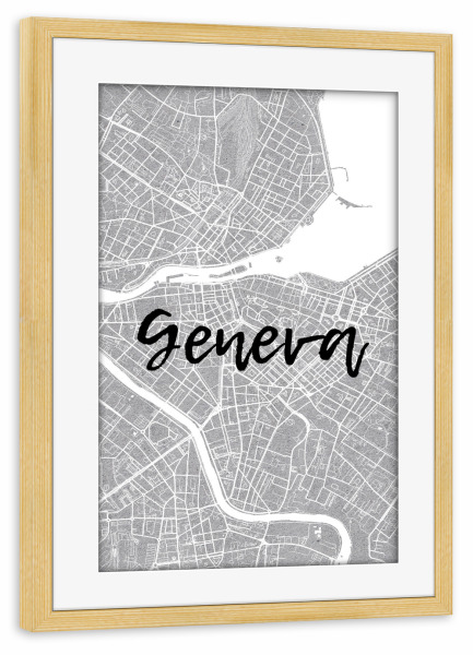 Poster mit Rahmen kiefer "Genf 9" artboxONE - Städte,Typografie,Reise,Reise / Länder,Städte / Weitere,Kartografie