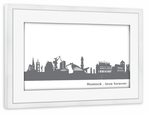 Poster mit Rahmen weiß "ROSTOCK 02 Dunkelgraue Skyline" artboxONE - Städte,Schwarzweiß,Städte / Weitere