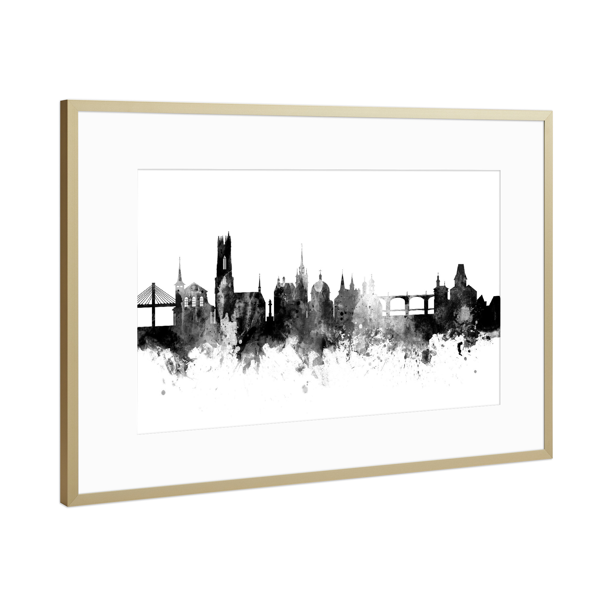 Poster mit Rahmen Gold "Fribourg Switzerland Skyline" artboxONE - Städte,Reise,Schwarzweiß