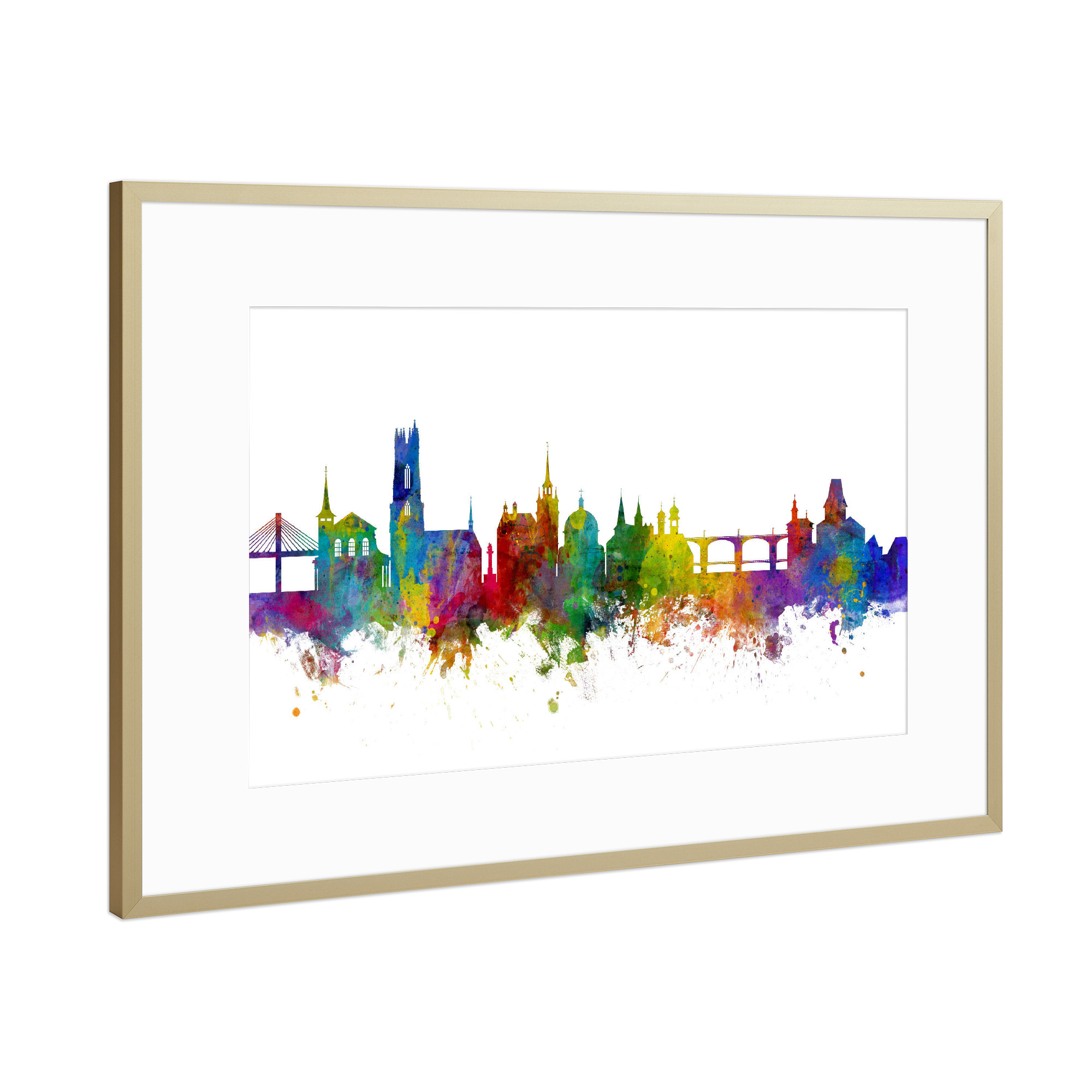 Poster mit Rahmen Gold "Fribourg Switzerland Skyline 2" artboxONE - Städte,Reise